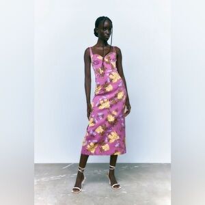 Zara Purple and Yellow Floral Midi Dress size xs